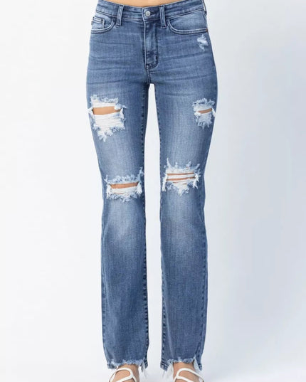 Judy Blue Full Size Mid Rise Destroy Straight Jeans Plus Size - THE AMERICAN BLUE