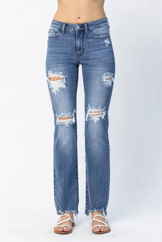 Judy Blue Full Size Mid Rise Destroy Straight Jeans Plus Size - THE AMERICAN BLUE