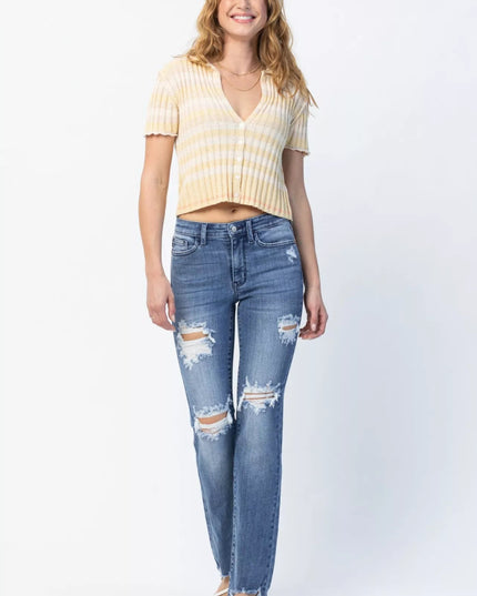 Judy Blue Full Size Mid Rise Destroy Straight Jeans Plus Size - THE AMERICAN BLUE