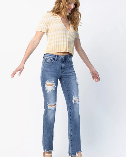 Judy Blue Full Size Mid Rise Destroy Straight Jeans Plus Size - THE AMERICAN BLUE