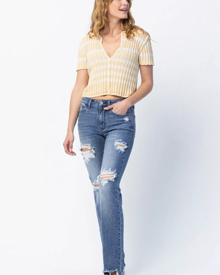 Judy Blue Full Size Mid Rise Destroy Straight Jeans Plus Size - THE AMERICAN BLUE