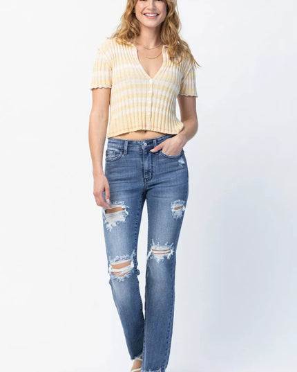 Judy Blue Full Size Mid Rise Destroy Straight Jeans Plus Size - THE AMERICAN BLUE