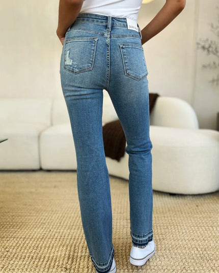 Judy Blue Full Size Mid Rise Destroyed Hem Distressed Jeans - THE AMERICAN BLUE