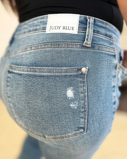 Judy Blue Full Size Mid Rise Destroyed Hem Distressed Jeans - THE AMERICAN BLUE