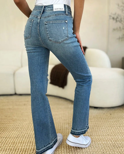 Judy Blue Full Size Mid Rise Destroyed Hem Distressed Jeans - THE AMERICAN BLUE