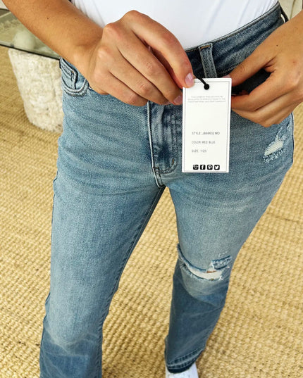 Judy Blue Full Size Mid Rise Destroyed Hem Distressed Jeans - THE AMERICAN BLUE