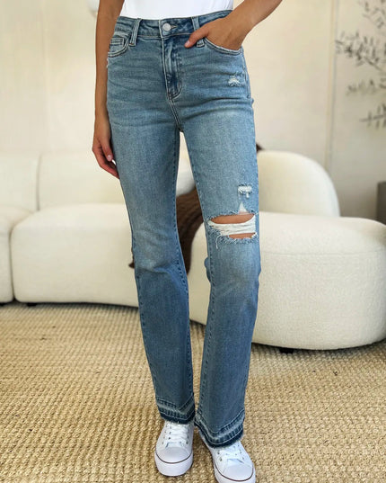 Judy Blue Full Size Mid Rise Destroyed Hem Distressed Jeans - THE AMERICAN BLUE