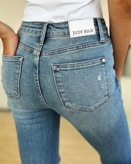 Judy Blue Full Size Mid Rise Destroyed Hem Distressed Jeans - THE AMERICAN BLUE