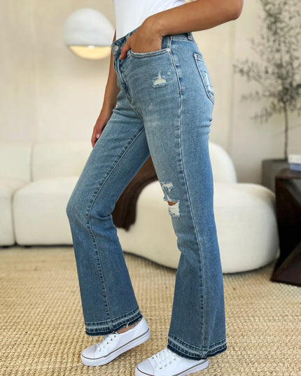 Judy Blue Full Size Mid Rise Destroyed Hem Distressed Jeans - THE AMERICAN BLUE