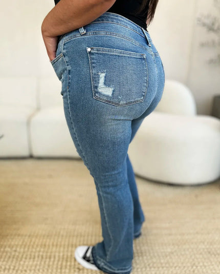Judy Blue Full Size Mid Rise Destroyed Hem Distressed Jeans - THE AMERICAN BLUE