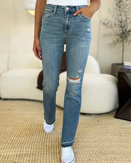 Judy Blue Full Size Mid Rise Destroyed Hem Distressed Jeans - THE AMERICAN BLUE