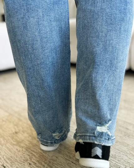Judy Blue Full Size Mid Rise Distressed Straight Jeans - THE AMERICAN BLUE