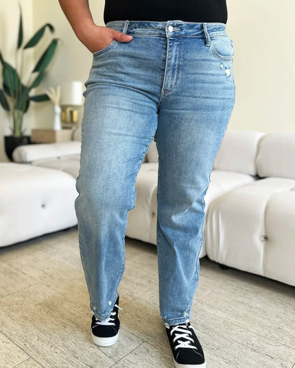 Judy Blue Full Size Mid Rise Distressed Straight Jeans - THE AMERICAN BLUE