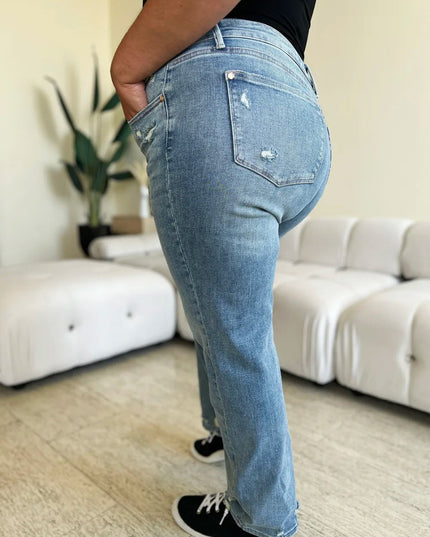 Judy Blue Full Size Mid Rise Distressed Straight Jeans - THE AMERICAN BLUE