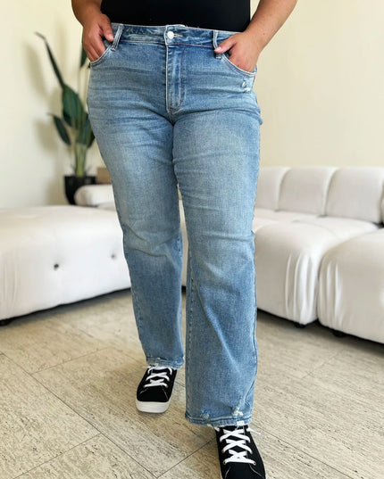 Judy Blue Full Size Mid Rise Distressed Straight Jeans - THE AMERICAN BLUE