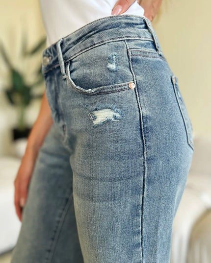 Judy Blue Full Size Mid Rise Distressed Straight Jeans - THE AMERICAN BLUE
