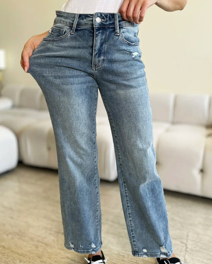 Judy Blue Full Size Mid Rise Distressed Straight Jeans - THE AMERICAN BLUE