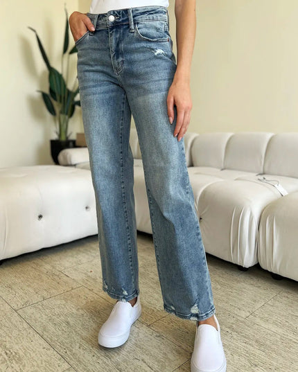Judy Blue Full Size Mid Rise Distressed Straight Jeans - THE AMERICAN BLUE