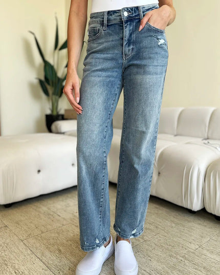 Judy Blue Full Size Mid Rise Distressed Straight Jeans - THE AMERICAN BLUE