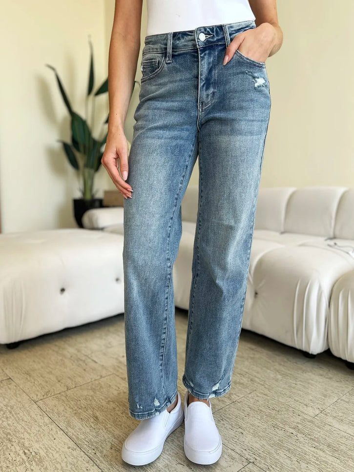 Judy Blue Full Size Mid Rise Distressed Straight Jeans - THE AMERICAN BLUE