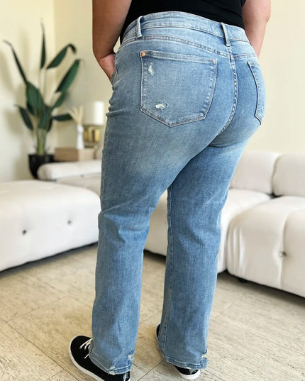 Judy Blue Full Size Mid Rise Distressed Straight Jeans - THE AMERICAN BLUE
