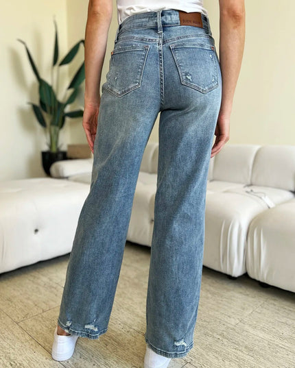 Judy Blue Full Size Mid Rise Distressed Straight Jeans - THE AMERICAN BLUE