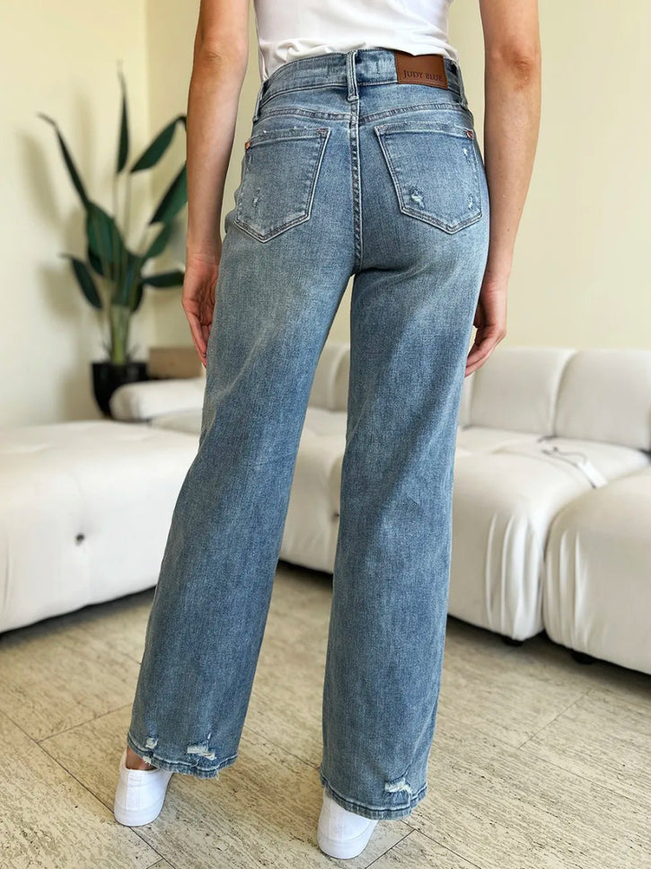 Judy Blue Full Size Mid Rise Distressed Straight Jeans - THE AMERICAN BLUE