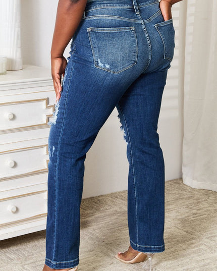 Judy Blue Full Size Mid Rise Hand Sand & Destroy Bootcut Jeans - THE AMERICAN BLUE