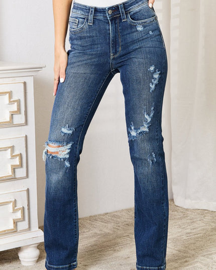 Judy Blue Full Size Mid Rise Hand Sand & Destroy Bootcut Jeans - THE AMERICAN BLUE