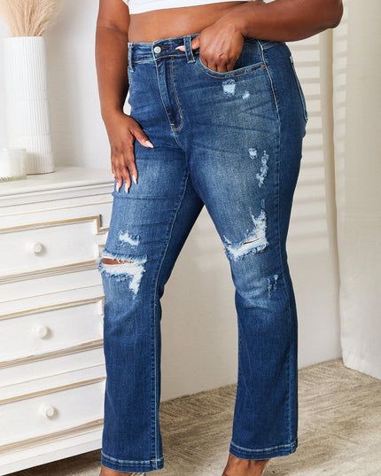 Judy Blue Full Size Mid Rise Hand Sand & Destroy Bootcut Jeans - THE AMERICAN BLUE