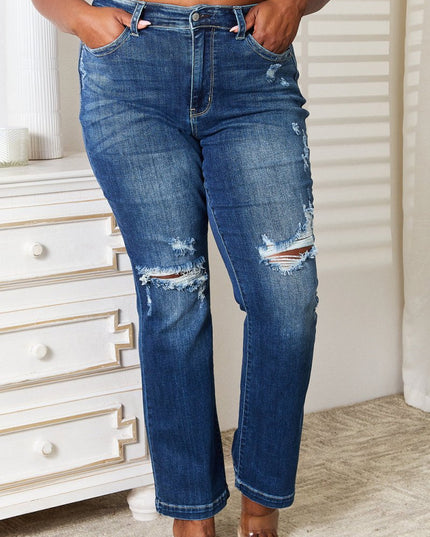 Judy Blue Full Size Mid Rise Hand Sand & Destroy Bootcut Jeans - THE AMERICAN BLUE