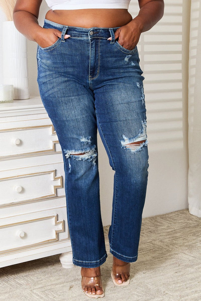Judy Blue Full Size Mid Rise Hand Sand & Destroy Bootcut Jeans - THE AMERICAN BLUE