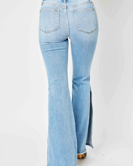Judy Blue Full Size Mid Rise Raw Hem Slit Flare Jeans - THE AMERICAN BLUE