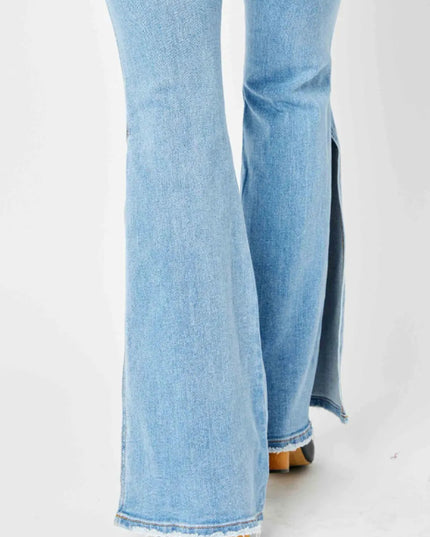 Judy Blue Full Size Mid Rise Raw Hem Slit Flare Jeans - THE AMERICAN BLUE
