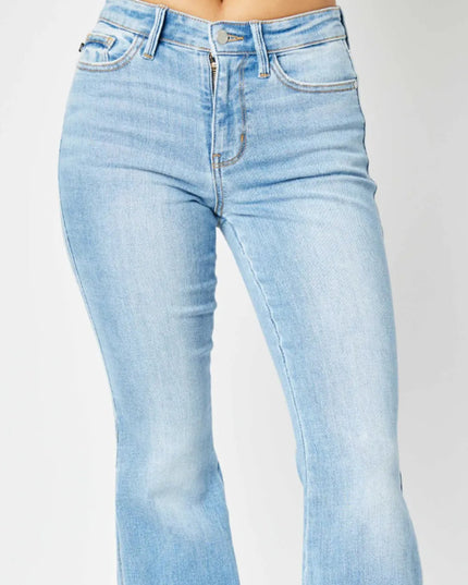 Judy Blue Full Size Mid Rise Raw Hem Slit Flare Jeans - THE AMERICAN BLUE