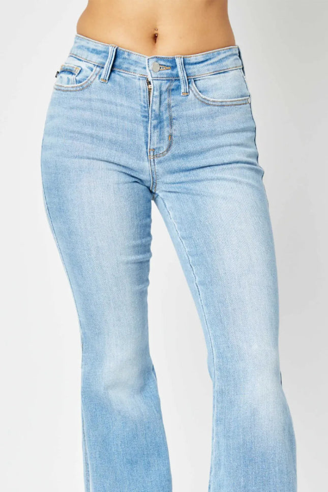 Judy Blue Full Size Mid Rise Raw Hem Slit Flare Jeans - THE AMERICAN BLUE