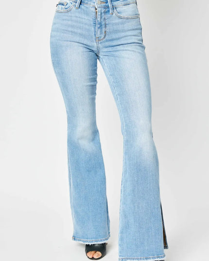 Judy Blue Full Size Mid Rise Raw Hem Slit Flare Jeans - THE AMERICAN BLUE