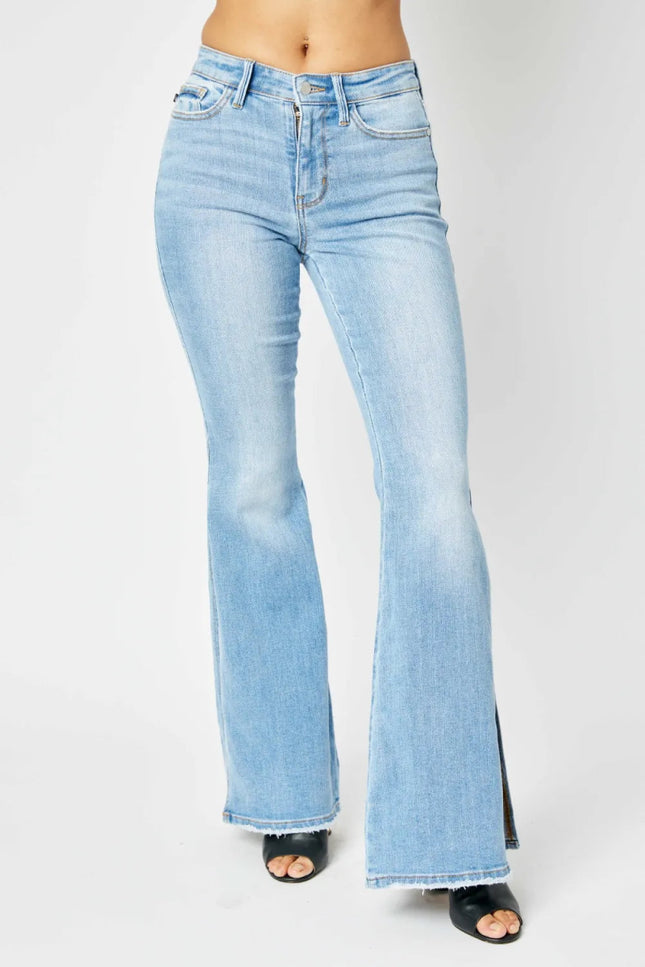 Judy Blue Full Size Mid Rise Raw Hem Slit Flare Jeans - THE AMERICAN BLUE