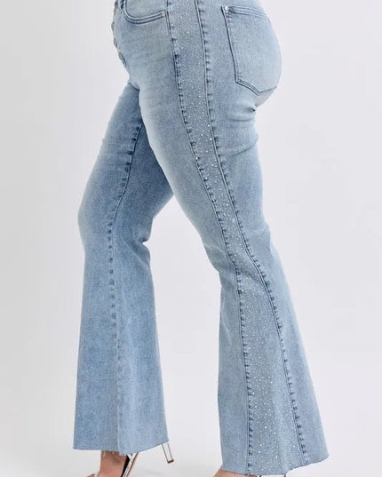 Judy Blue Full Size Mid Rise Rhinestone Side Panel Detail Flare Jeans Plus Size - THE AMERICAN BLUE