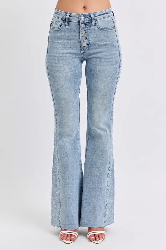 Judy Blue Full Size Mid Rise Rhinestone Side Panel Detail Flare Jeans Plus Size - THE AMERICAN BLUE