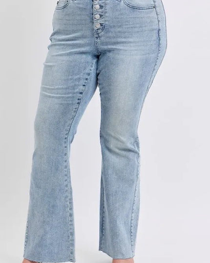 Judy Blue Full Size Mid Rise Rhinestone Side Panel Detail Flare Jeans Plus Size - THE AMERICAN BLUE