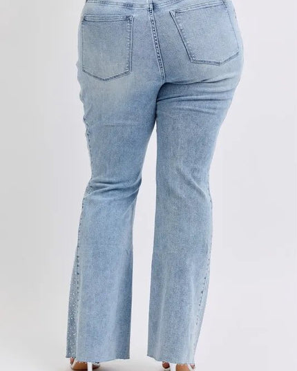 Judy Blue Full Size Mid Rise Rhinestone Side Panel Detail Flare Jeans Plus Size - THE AMERICAN BLUE