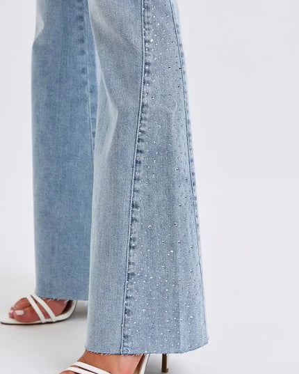 Judy Blue Full Size Mid Rise Rhinestone Side Panel Detail Flare Jeans Plus Size - THE AMERICAN BLUE