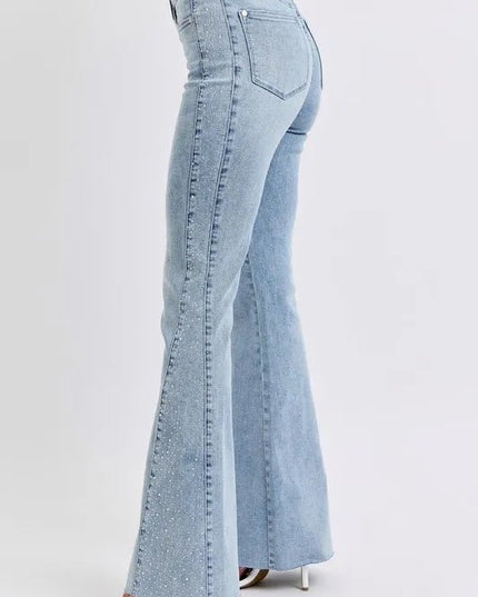 Judy Blue Full Size Mid Rise Rhinestone Side Panel Detail Flare Jeans Plus Size - THE AMERICAN BLUE