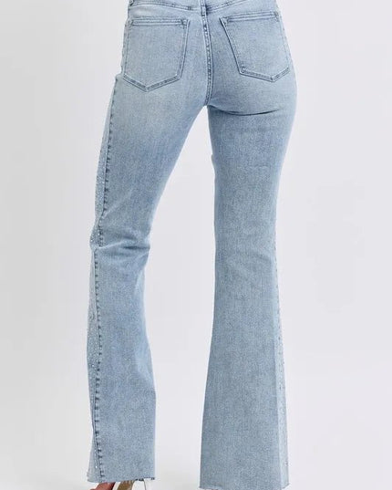 Judy Blue Full Size Mid Rise Rhinestone Side Panel Detail Flare Jeans Plus Size - THE AMERICAN BLUE