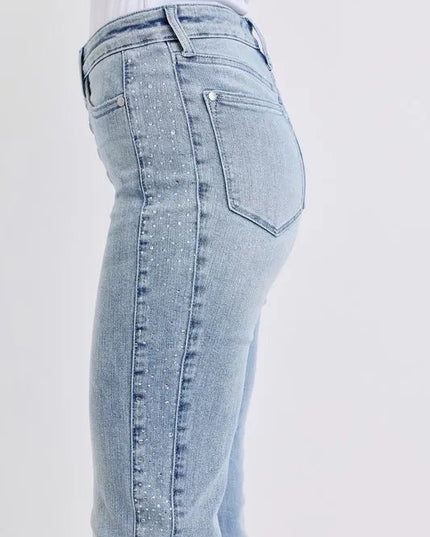 Judy Blue Full Size Mid Rise Rhinestone Side Panel Detail Flare Jeans Plus Size - THE AMERICAN BLUE
