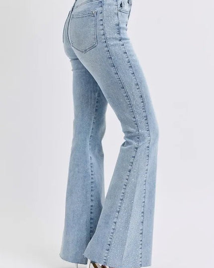 Judy Blue Full Size Mid Rise Rhinestone Side Panel Detail Flare Jeans Plus Size - THE AMERICAN BLUE