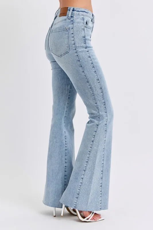 Judy Blue Full Size Mid Rise Rhinestone Side Panel Detail Flare Jeans Plus Size - THE AMERICAN BLUE