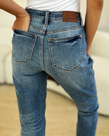 Judy Blue Full Size Mid Rise Rigid Magic Release Hem Jeans - THE AMERICAN BLUE