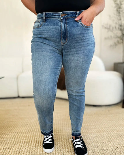 Judy Blue Full Size Mid Rise Rigid Magic Release Hem Jeans - THE AMERICAN BLUE